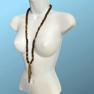 Boho Tribal Necklace Wood Beads Brass Dagger Pendant